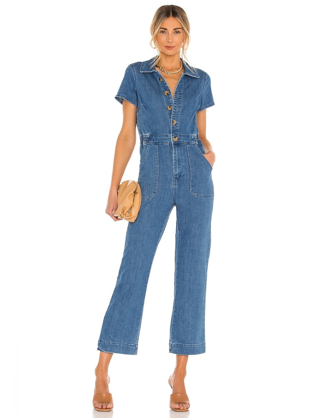 Show Me Your Mumu Emery S/S Stretch Flared Crop Leg Denim Jumpsuit-Sz XS